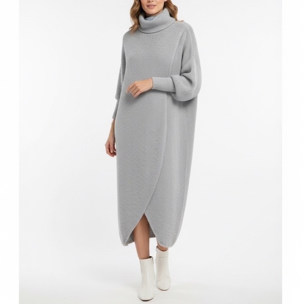 Fobya Maxi Sweater Dress Womens Gray Knitted Wrap Front Turtleneck Pullover